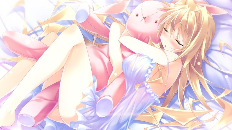 blonde girl hugging bunny pillow