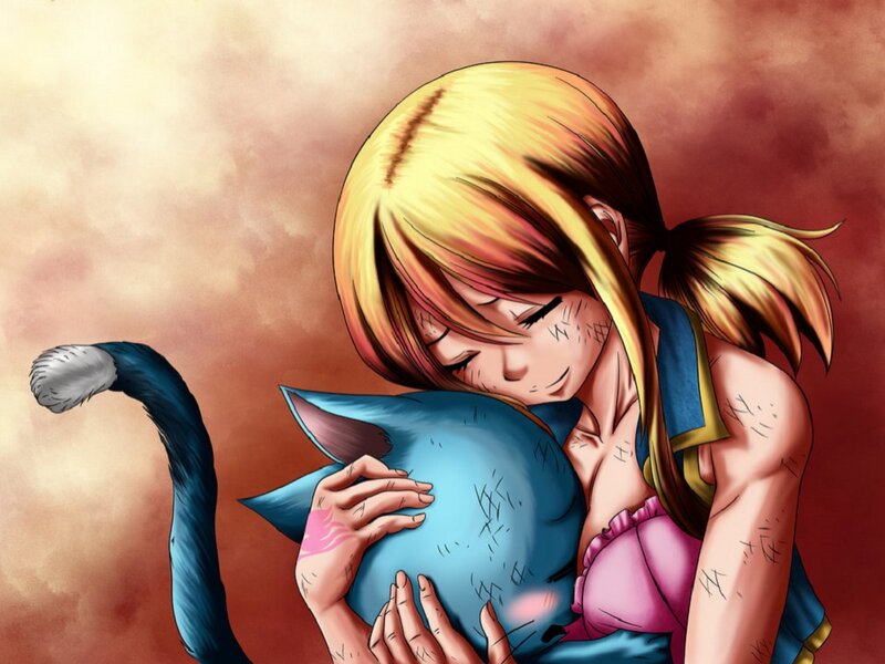 Blonde Girl Hugging Cat — Blue