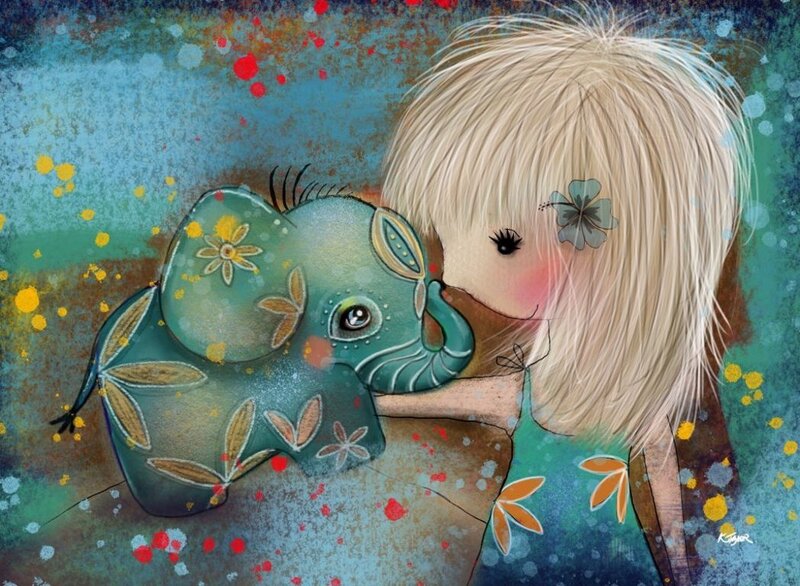 Blonde Girl Hugging Elephant