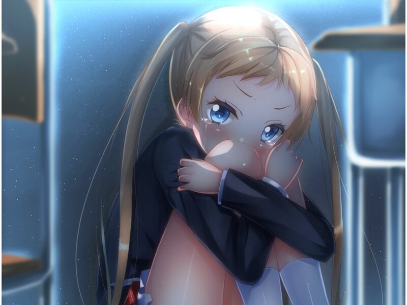 Blonde Girl Hugging Knees — Blue