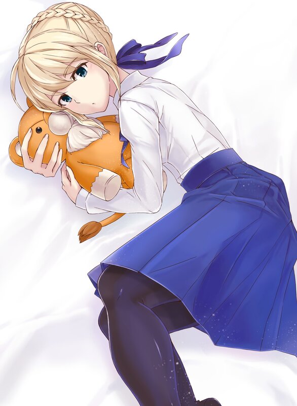 Blonde Girl Hugging Teddy Bear — Blue