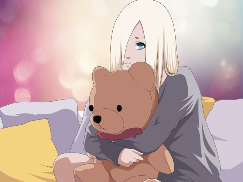 Blonde Girl Hugging Teddy Bear — White