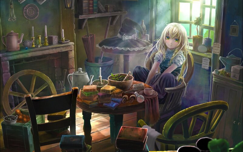 Blonde girl in a cozy workshop