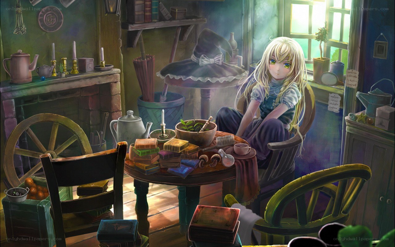Blonde girl in a cozy workshop