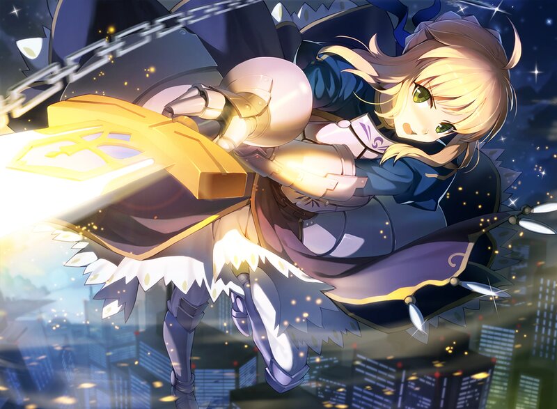 Blonde Girl in Armor — Blue, Dramatic, Night, Anime, Sword, City