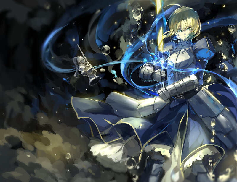 Blonde Girl in Armor — Blue, Dramatic, Night, Anime, Sword