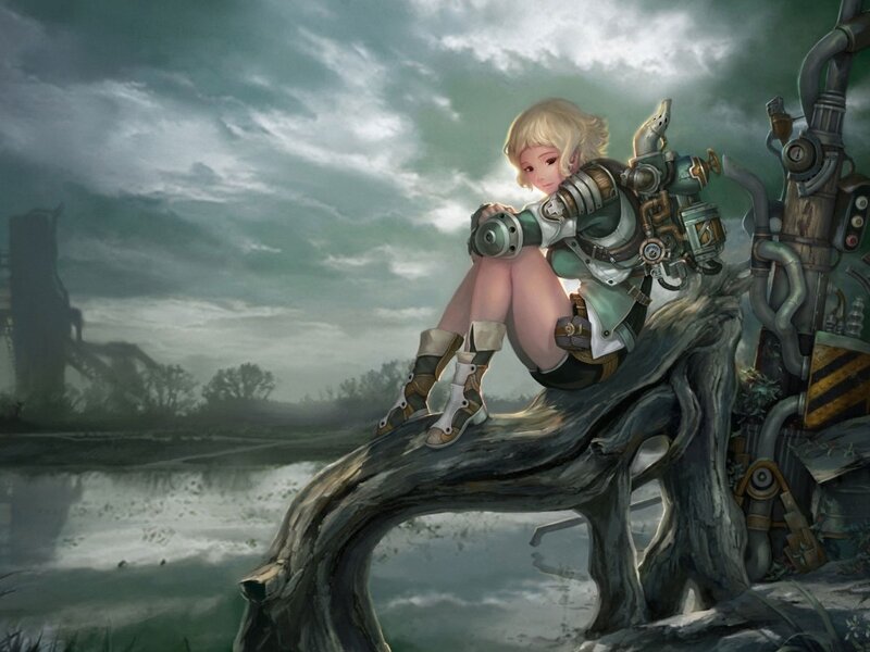 Blonde Girl in Armor — Gray, Dramatic, Digital Art
