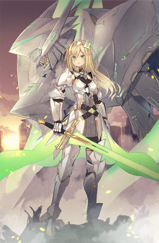 Blonde Girl in Armor — Green, Dramatic, Sunset