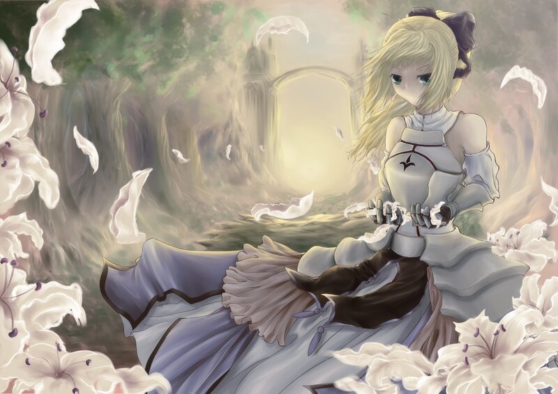 Blonde Girl in Armor — White, Serene, Anime, Flowers