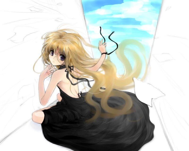 blonde girl in black dress