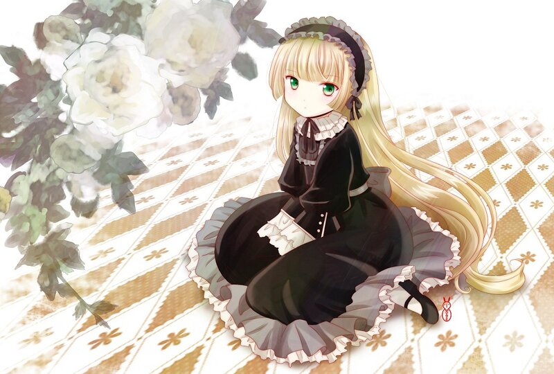 Blonde girl in black dress