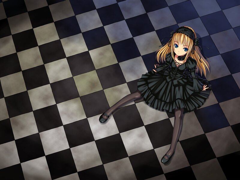 Blonde Girl in Black Dress — Dramatic, Anime, Checkered Floor