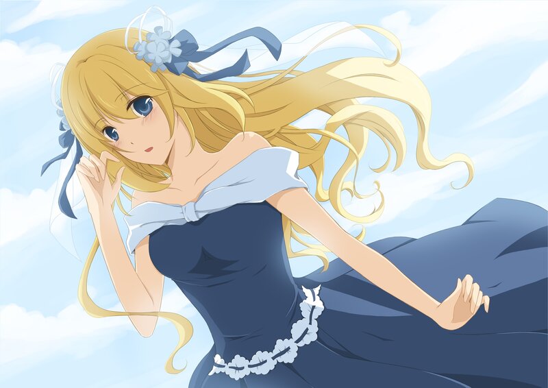 blonde girl in blue dress