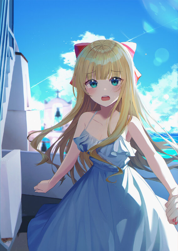 Blonde Girl in Blue Dress — Bright, Afternoon