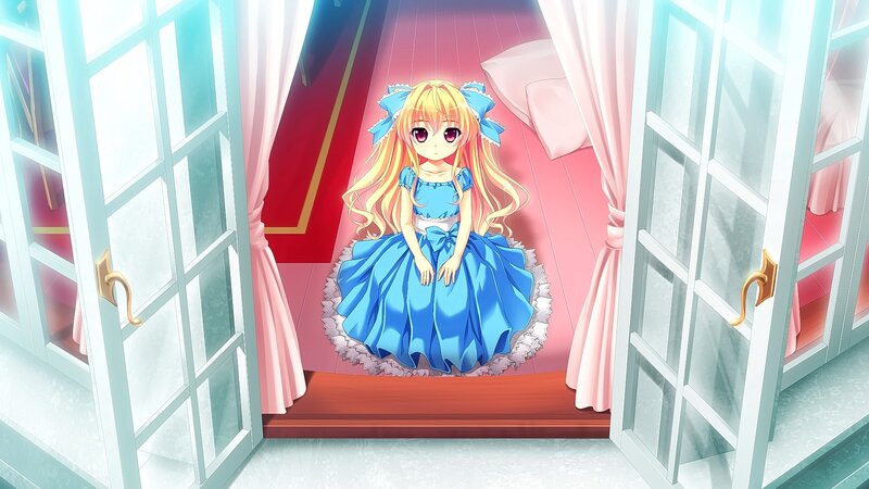 Blonde Girl in Blue Dress — Calm, Anime, Curtains, Door