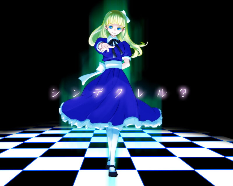 Blonde Girl in Blue Dress — Dramatic, Night, Anime, Checkered Floor