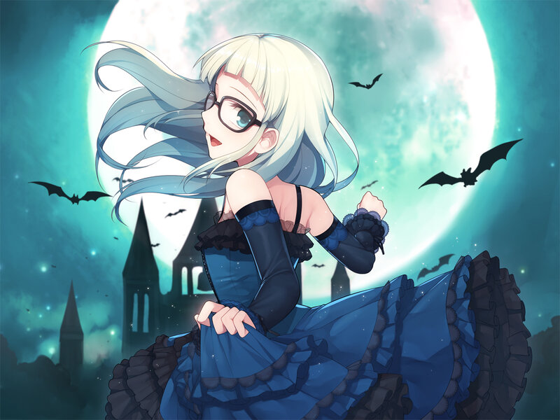 Blonde Girl in Blue Dress — Dramatic, Night, Anime, Moon