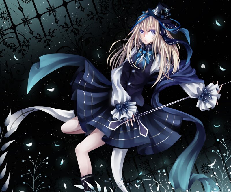Blonde Girl in Blue Dress — Dramatic, Night, Anime, Sword, Moon