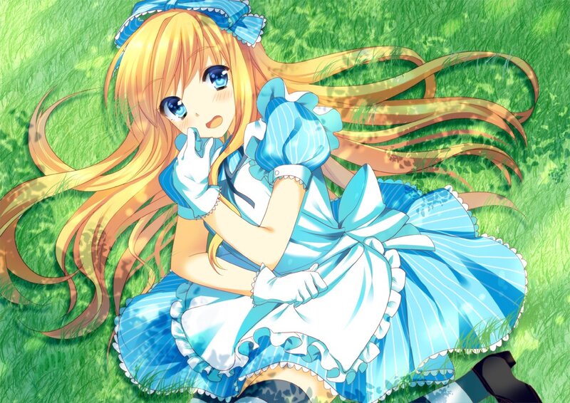 Blonde Girl in Blue Dress — Serene, Afternoon, Anime, Grass