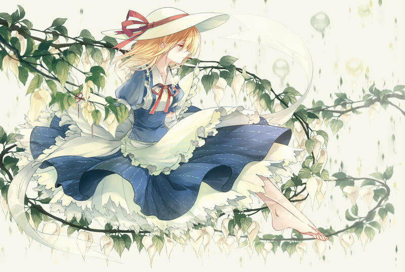 Blonde Girl in Blue Dress — Serene, Spring, Anime, Hat
