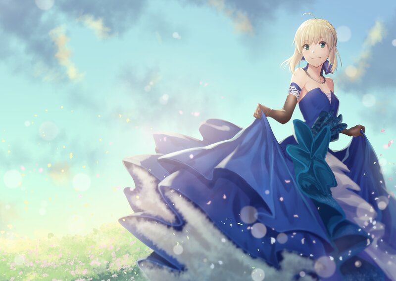Blonde Girl in Blue Dress — Serene, Spring, Anime, Sky