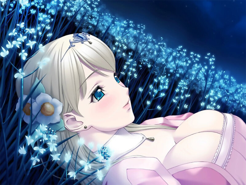Blonde girl in blue flower field