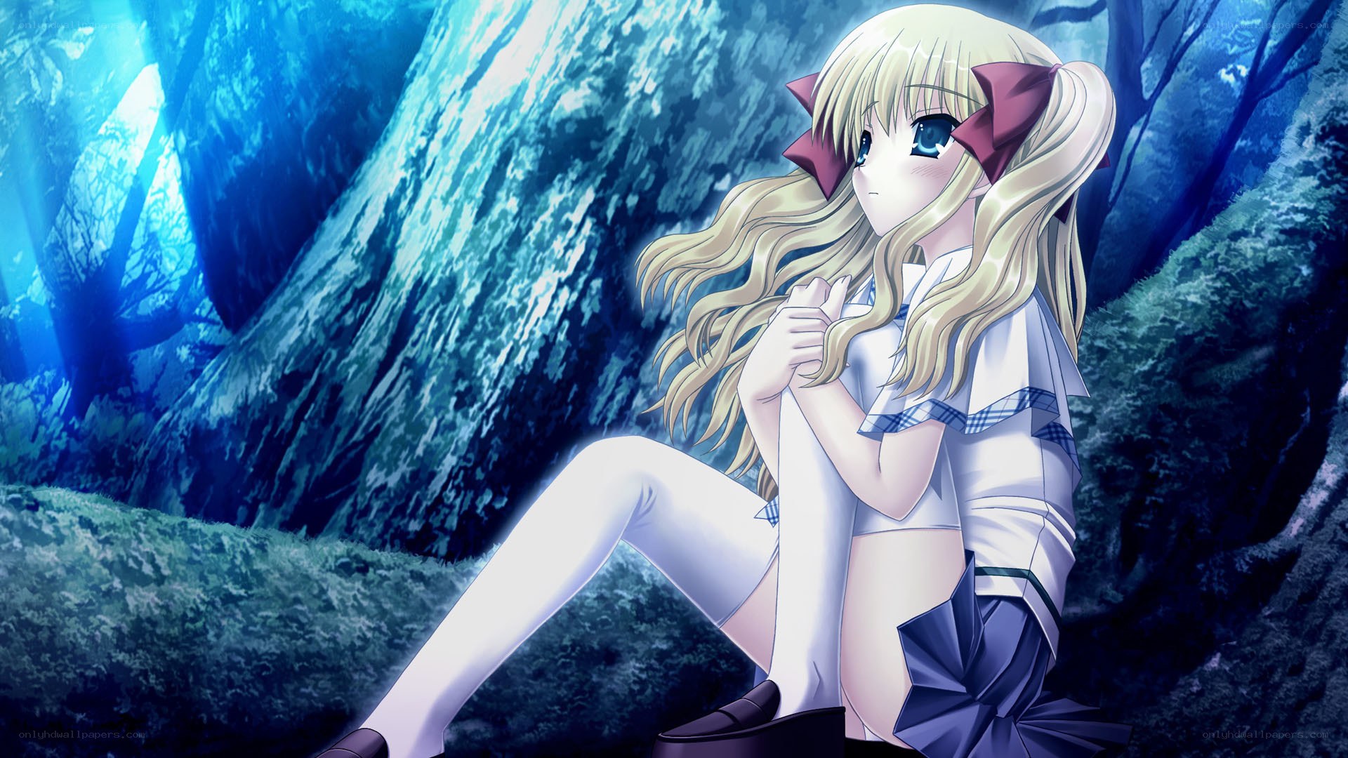 blonde girl in blue forest