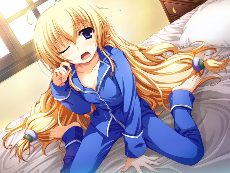 blonde girl in blue pajamas