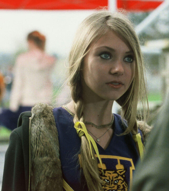 blonde girl in blue sweater