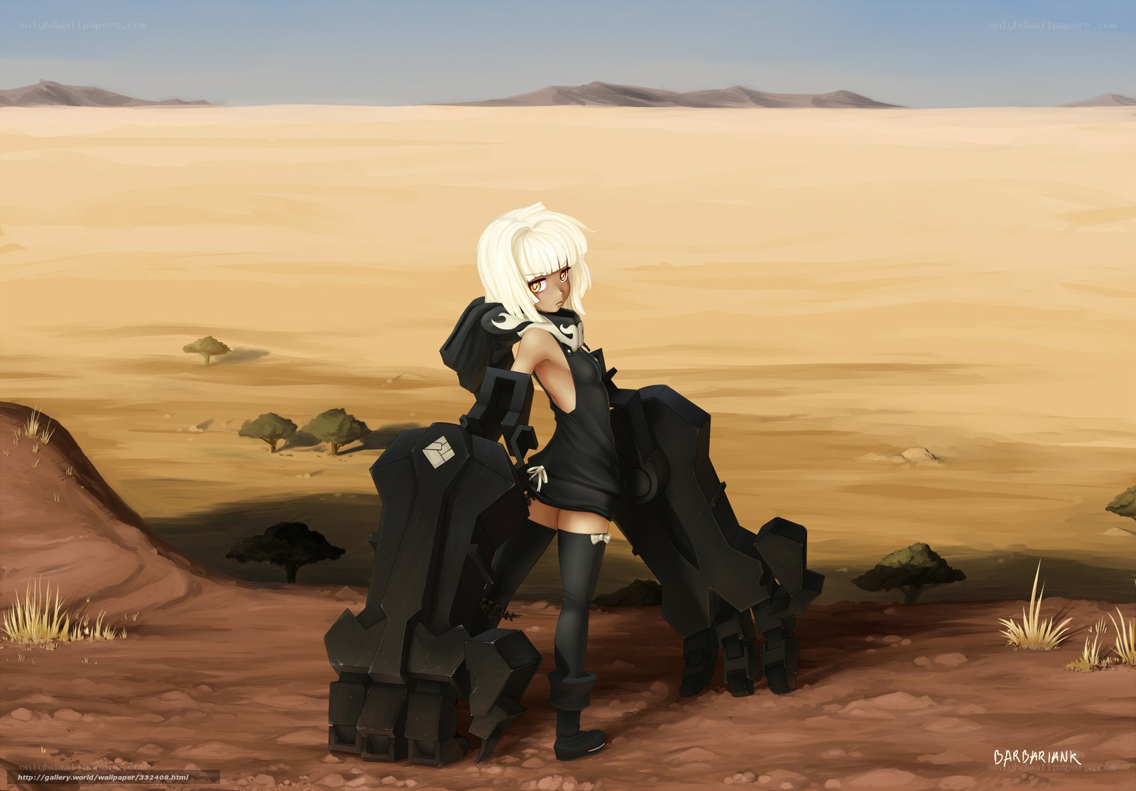Blonde girl in desert with mech