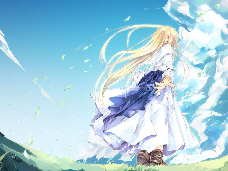 Blonde Girl in Dress — Blue, Serene, Afternoon, Anime, Grass