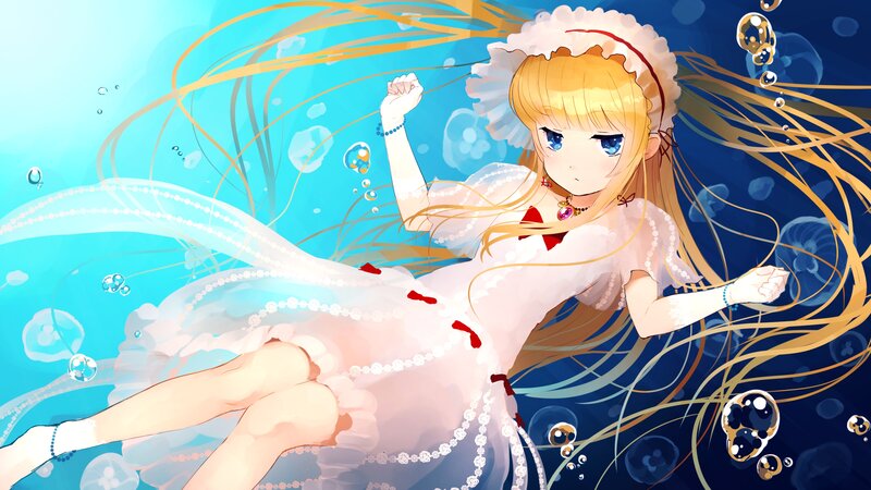 Blonde Girl in Dress — Blue, Serene, Anime, Bubbles