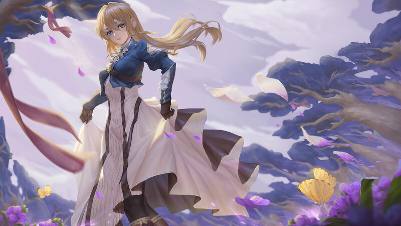 Blonde Girl in Dress — Purple, Serene, Spring