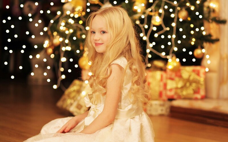 Blonde Girl in Dress — White, Festive, Winter