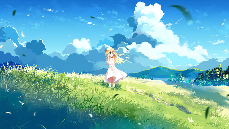Blonde Girl in Field — Blue, Serene, Afternoon, Anime, Grass