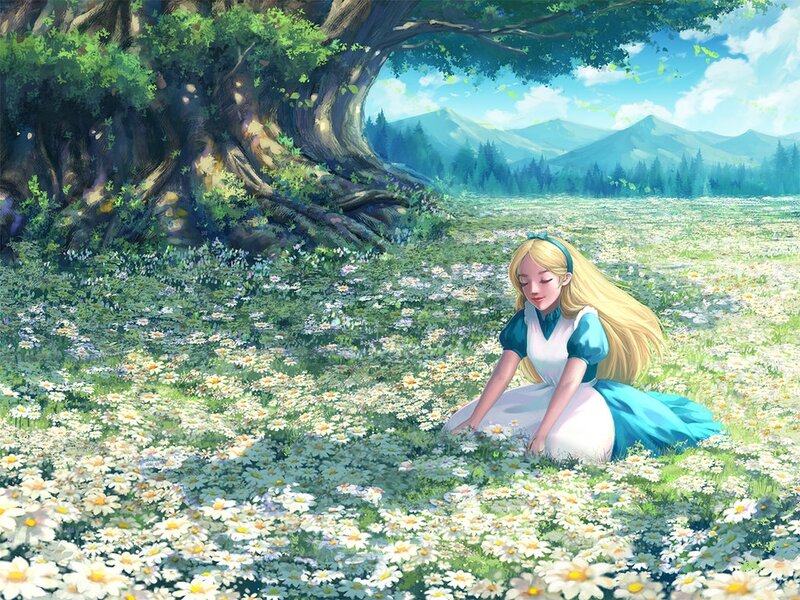 Blonde Girl in Field — Blue, Serene, Afternoon, Digital Art