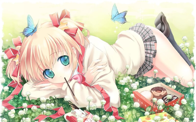 Blonde Girl in Field — Green, Serene, Spring, Anime