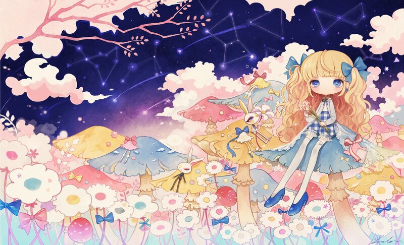 Blonde Girl in Flower Field — Pink, Dreamy