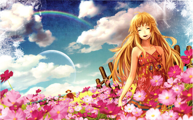 Blonde Girl in Flower Field — Pink
