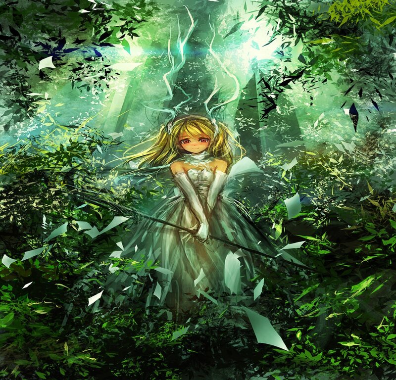 Blonde Girl in Forest — Green, Dramatic