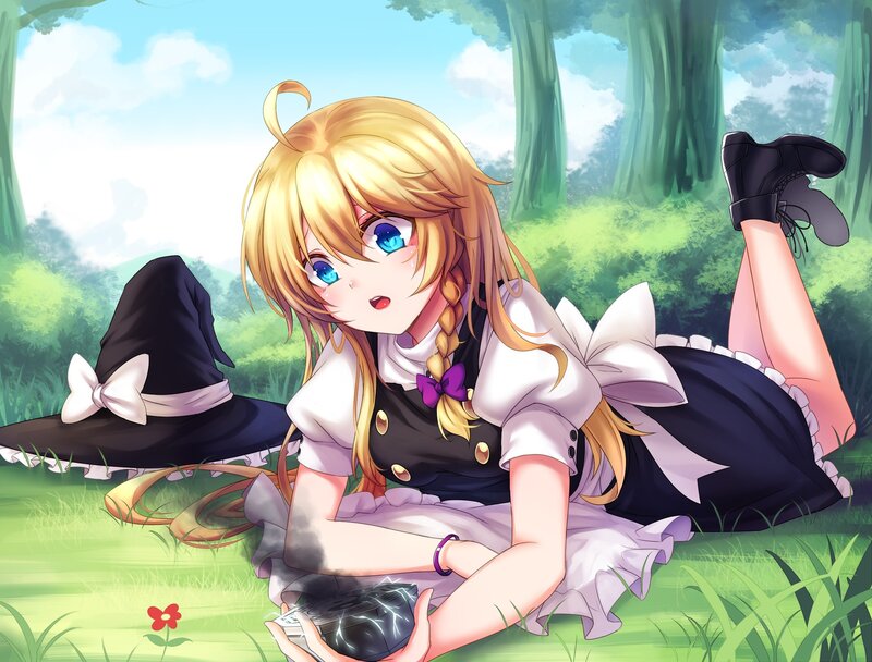 Blonde Girl in Forest — Green, Serene, Afternoon, Anime, Hat