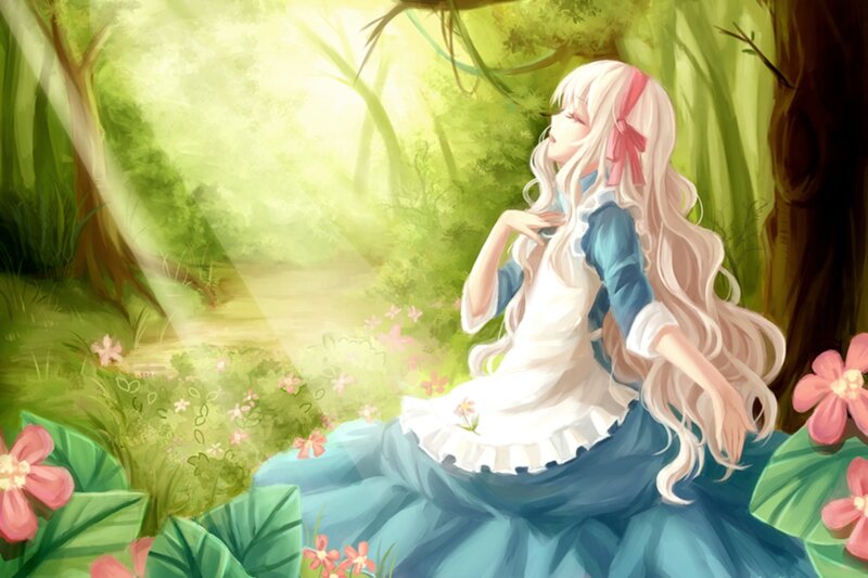 Blonde Girl in Forest — Green, Serene, Morning, Digital Art, Flowers