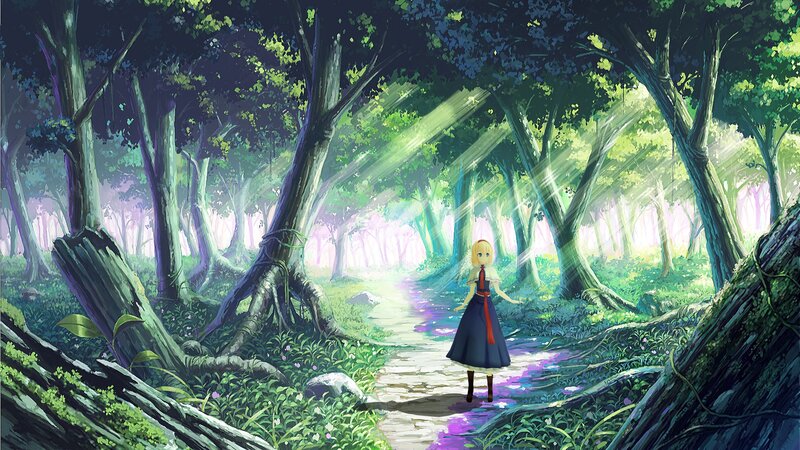 Blonde Girl in Forest — Green, Serene, Morning, Digital Art, Path