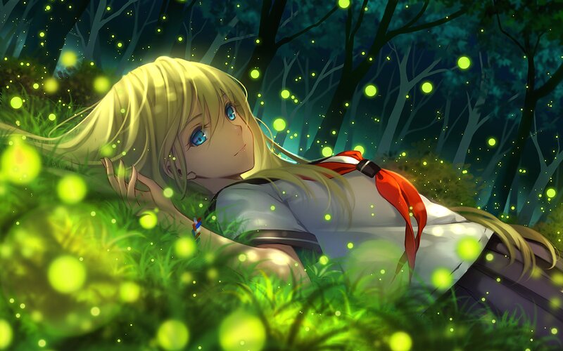 Blonde Girl in Forest — Green, Serene, Night, Anime, Fireflies, Grass