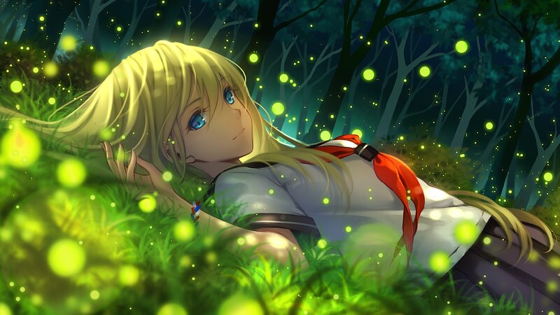 Blonde Girl in Forest — Green, Serene, Night, Anime, Fireflies, Trees
