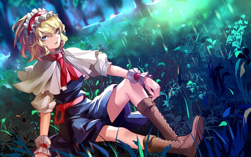 Blonde Girl in Forest — Green, Serene, Night, Anime, Rain