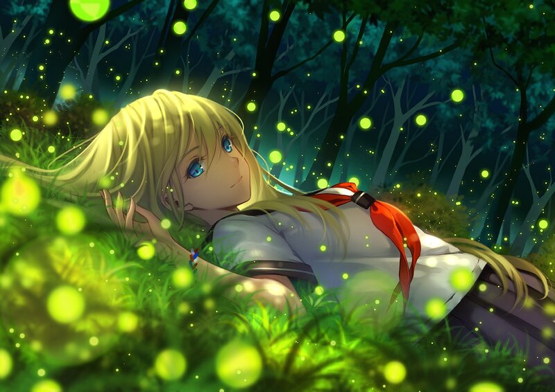 Blonde Girl in Forest — Green, Serene, Night, Anime
