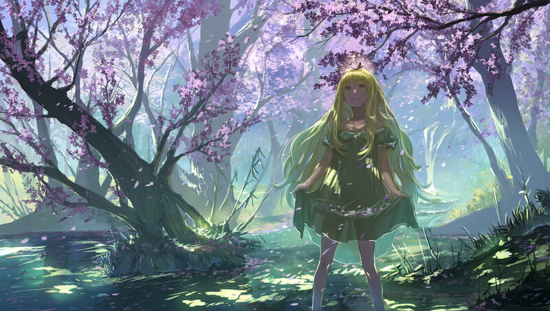 Blonde Girl in Forest — Purple, Serene