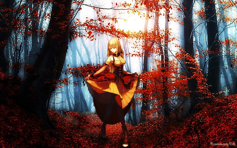 Blonde Girl in Forest — Red, Dramatic