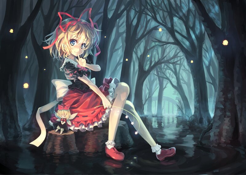 Blonde Girl in Forest — Red, Mysterious, Night
